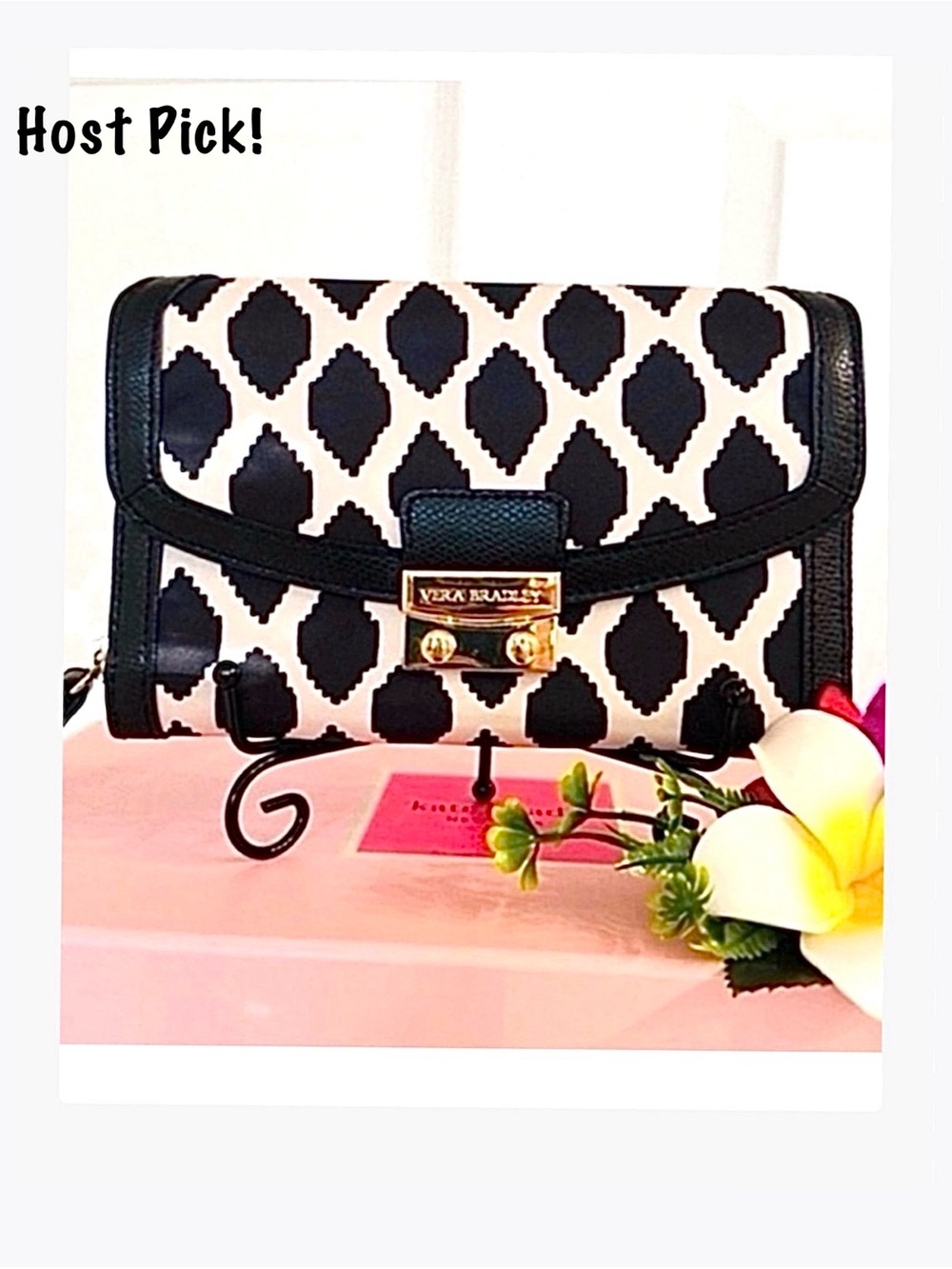 VERA BRADLEY ~ Black/Cream Geometric Wristlet Pebble Leather Trim Gold Hardware